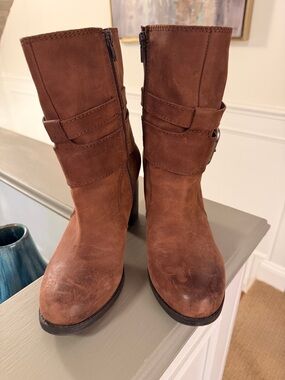 Nine West Cognac Brown Mid-Calf Buckle Heeled Boots